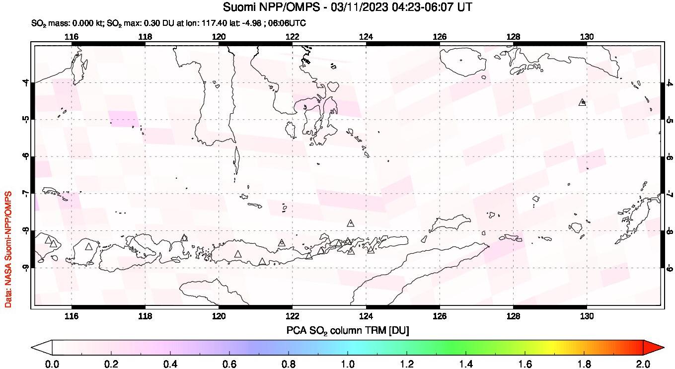 A sulfur dioxide image over Lesser Sunda Islands, Indonesia on Mar 11, 2023.