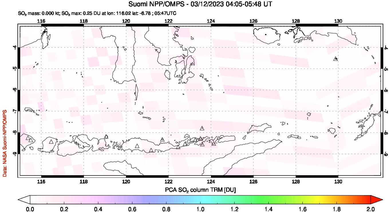 A sulfur dioxide image over Lesser Sunda Islands, Indonesia on Mar 12, 2023.