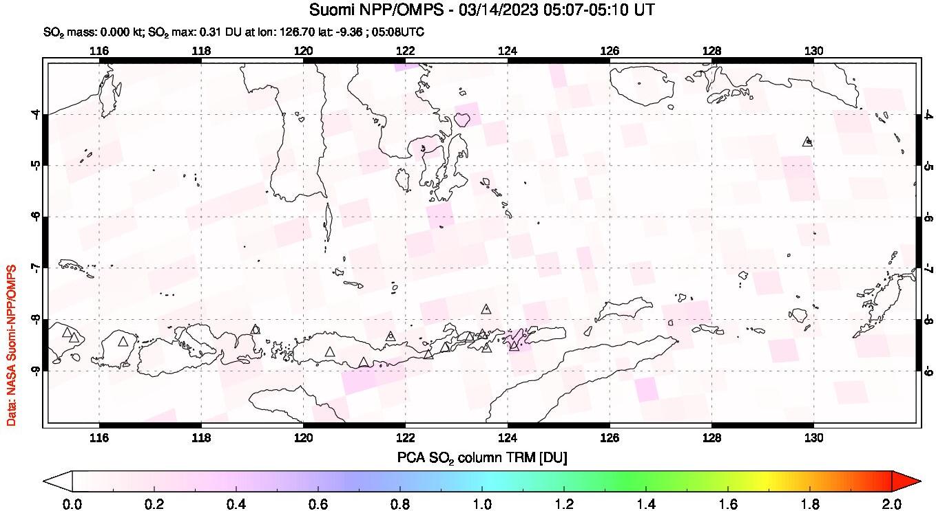 A sulfur dioxide image over Lesser Sunda Islands, Indonesia on Mar 14, 2023.