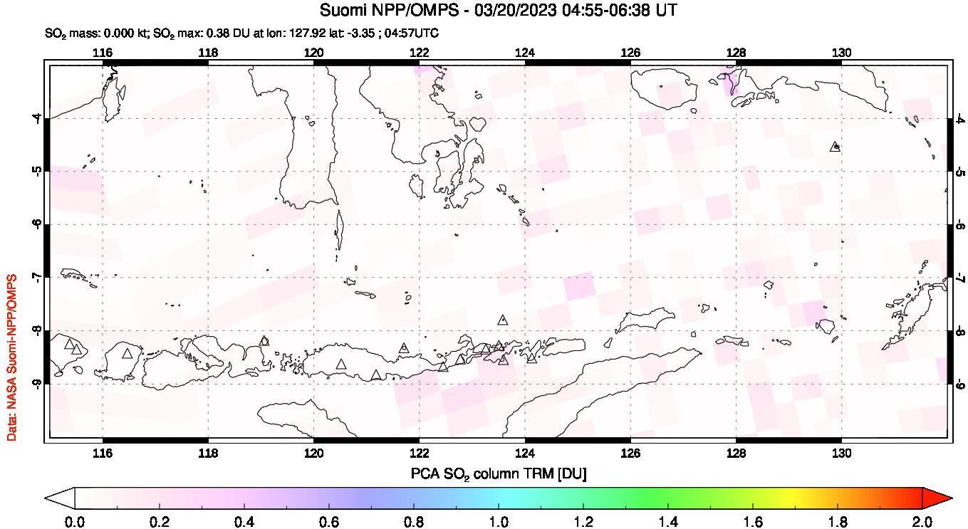 A sulfur dioxide image over Lesser Sunda Islands, Indonesia on Mar 20, 2023.