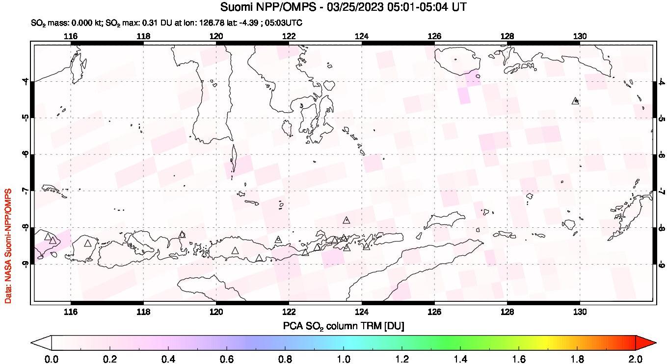 A sulfur dioxide image over Lesser Sunda Islands, Indonesia on Mar 25, 2023.