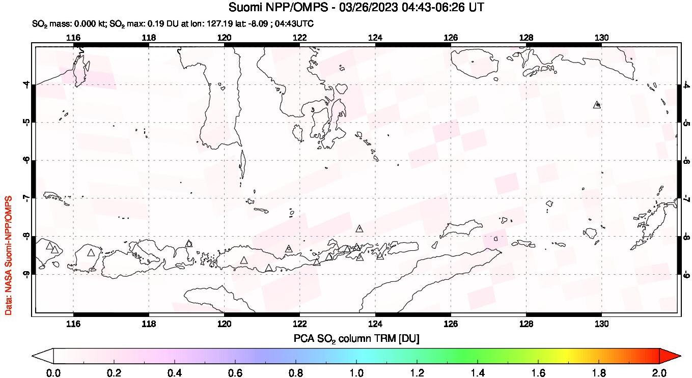 A sulfur dioxide image over Lesser Sunda Islands, Indonesia on Mar 26, 2023.