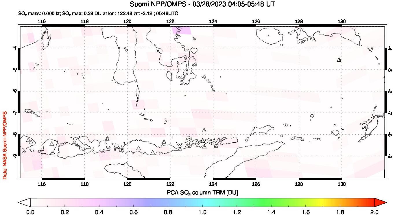 A sulfur dioxide image over Lesser Sunda Islands, Indonesia on Mar 28, 2023.