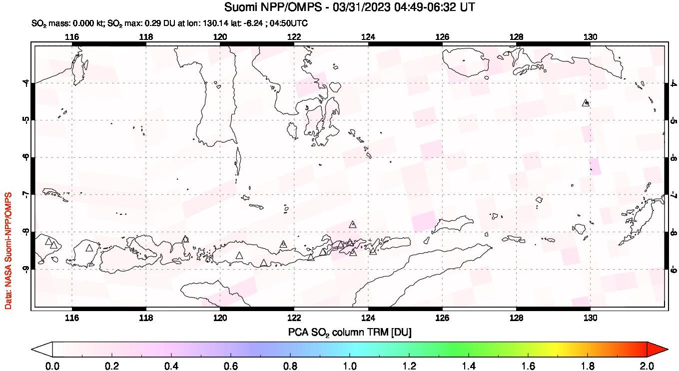 A sulfur dioxide image over Lesser Sunda Islands, Indonesia on Mar 31, 2023.