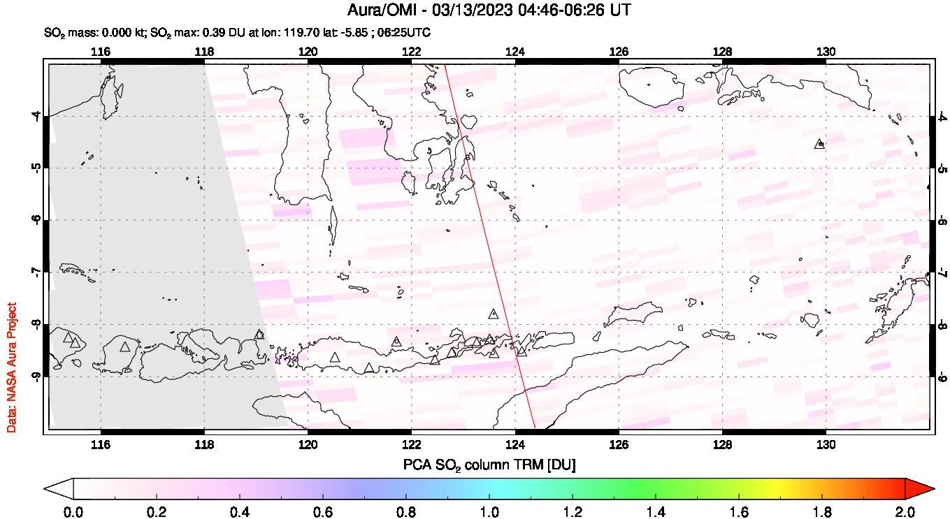 A sulfur dioxide image over Lesser Sunda Islands, Indonesia on Mar 13, 2023.