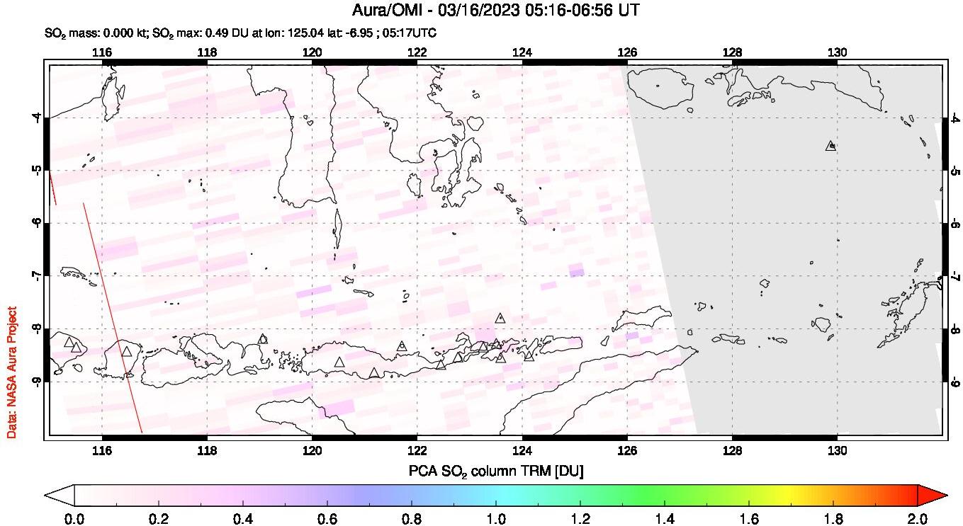 A sulfur dioxide image over Lesser Sunda Islands, Indonesia on Mar 16, 2023.