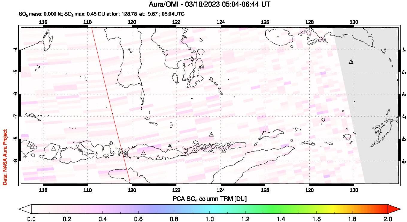 A sulfur dioxide image over Lesser Sunda Islands, Indonesia on Mar 18, 2023.