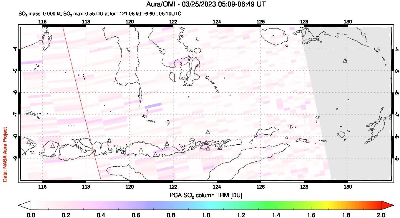 A sulfur dioxide image over Lesser Sunda Islands, Indonesia on Mar 25, 2023.