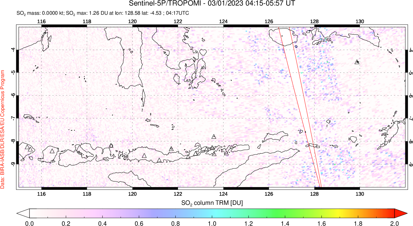 A sulfur dioxide image over Lesser Sunda Islands, Indonesia on Mar 01, 2023.