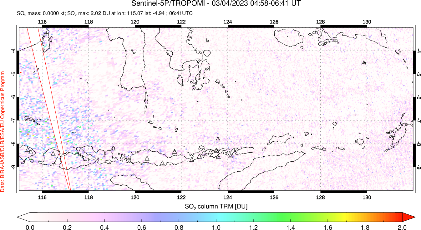 A sulfur dioxide image over Lesser Sunda Islands, Indonesia on Mar 04, 2023.