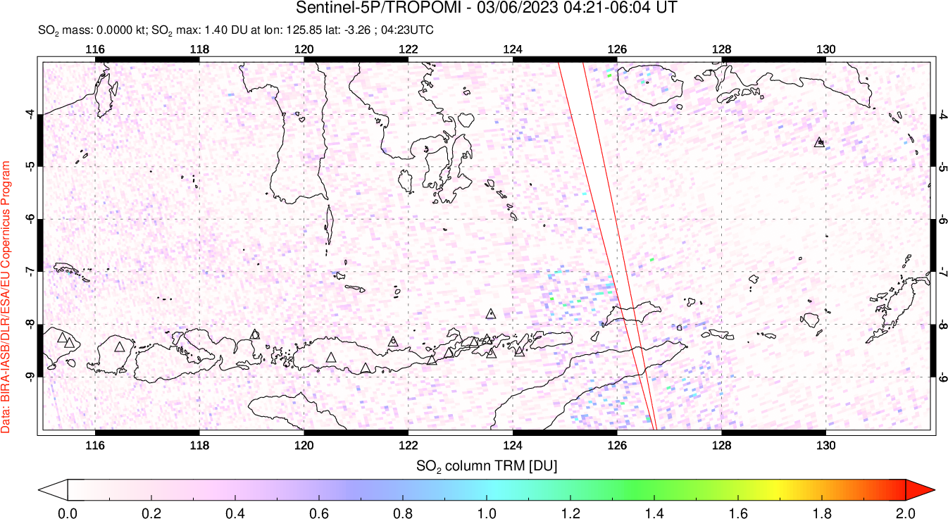 A sulfur dioxide image over Lesser Sunda Islands, Indonesia on Mar 06, 2023.