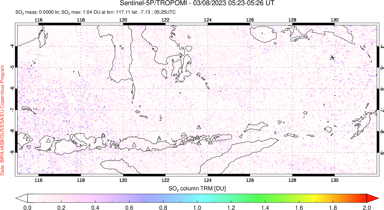 A sulfur dioxide image over Lesser Sunda Islands, Indonesia on Mar 08, 2023.
