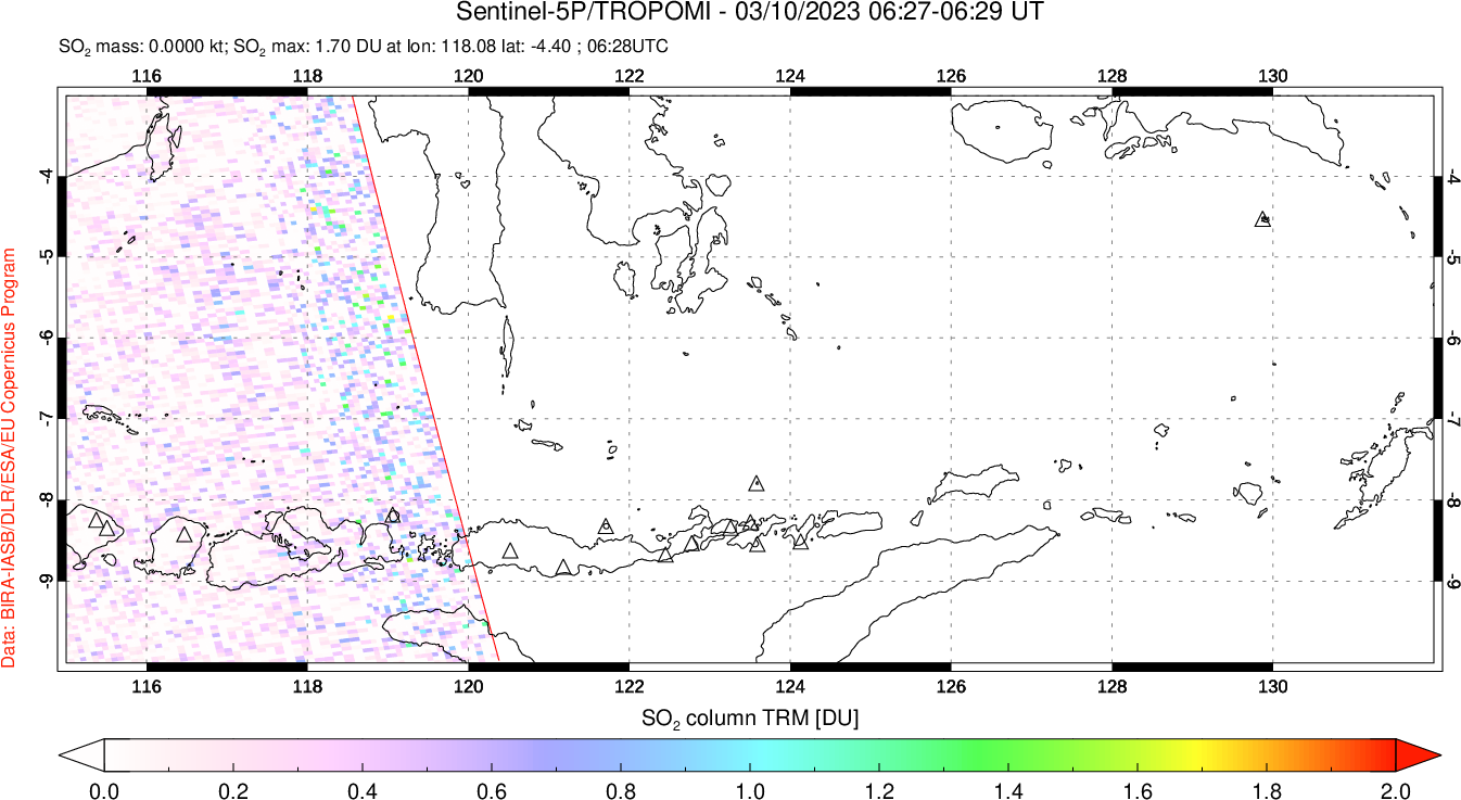 A sulfur dioxide image over Lesser Sunda Islands, Indonesia on Mar 10, 2023.