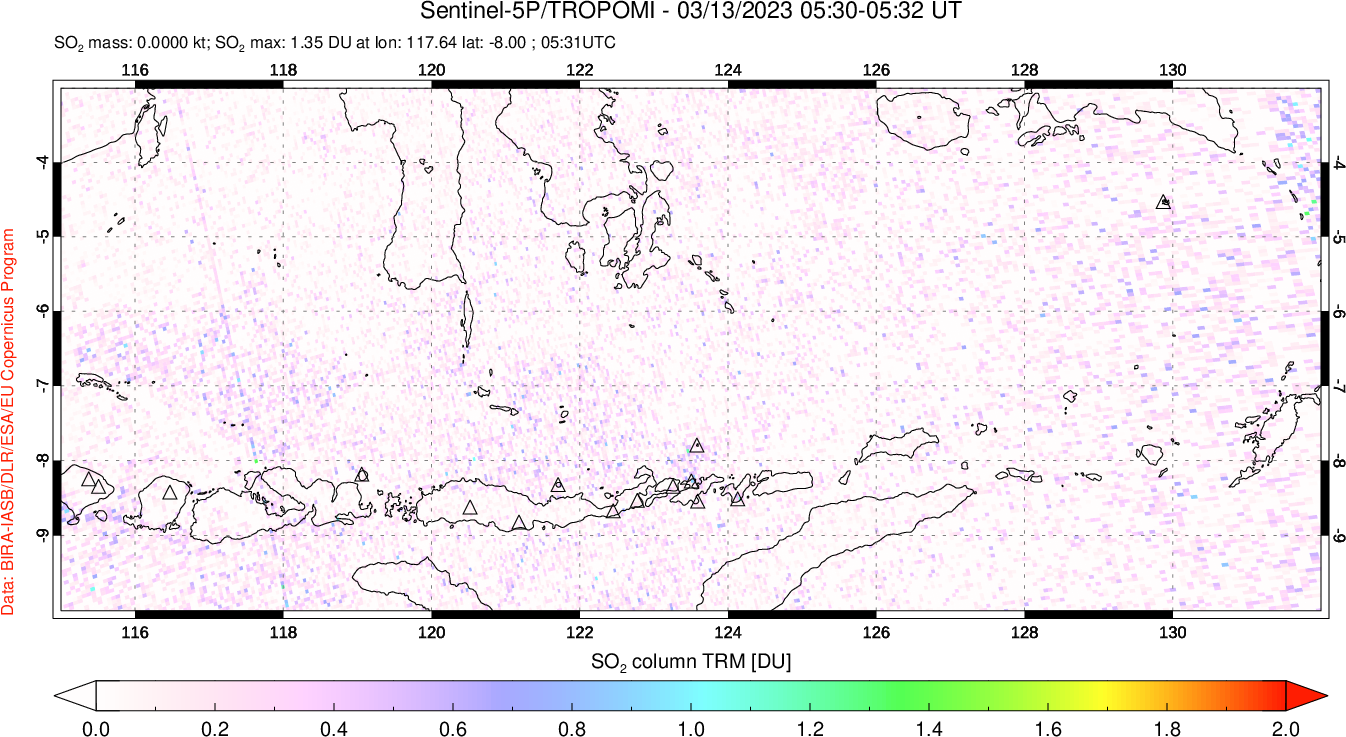 A sulfur dioxide image over Lesser Sunda Islands, Indonesia on Mar 13, 2023.