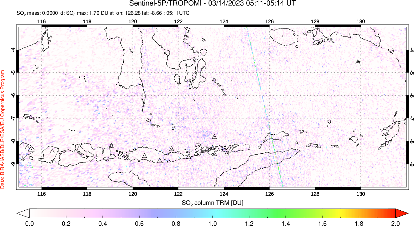 A sulfur dioxide image over Lesser Sunda Islands, Indonesia on Mar 14, 2023.