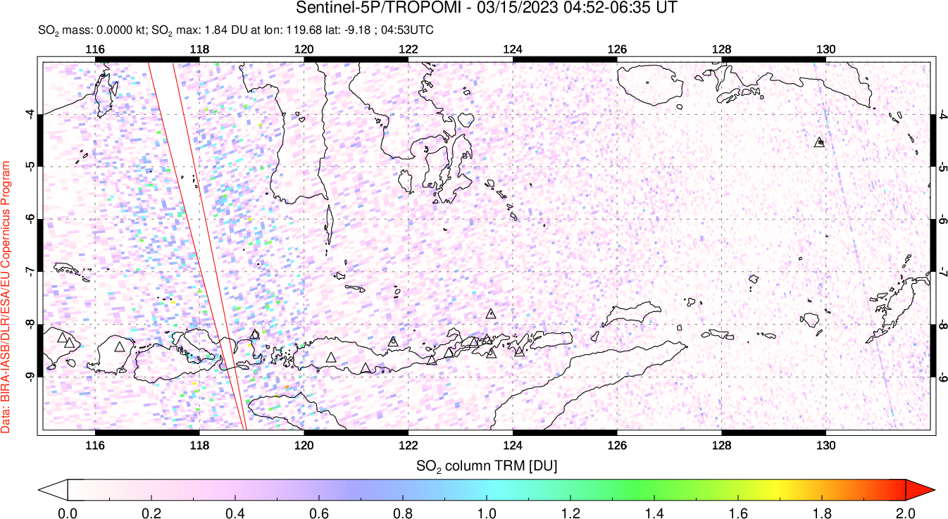 A sulfur dioxide image over Lesser Sunda Islands, Indonesia on Mar 15, 2023.