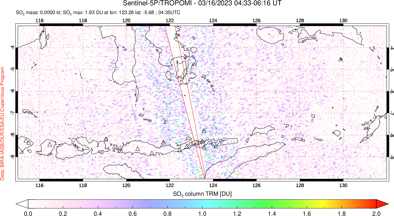 A sulfur dioxide image over Lesser Sunda Islands, Indonesia on Mar 16, 2023.