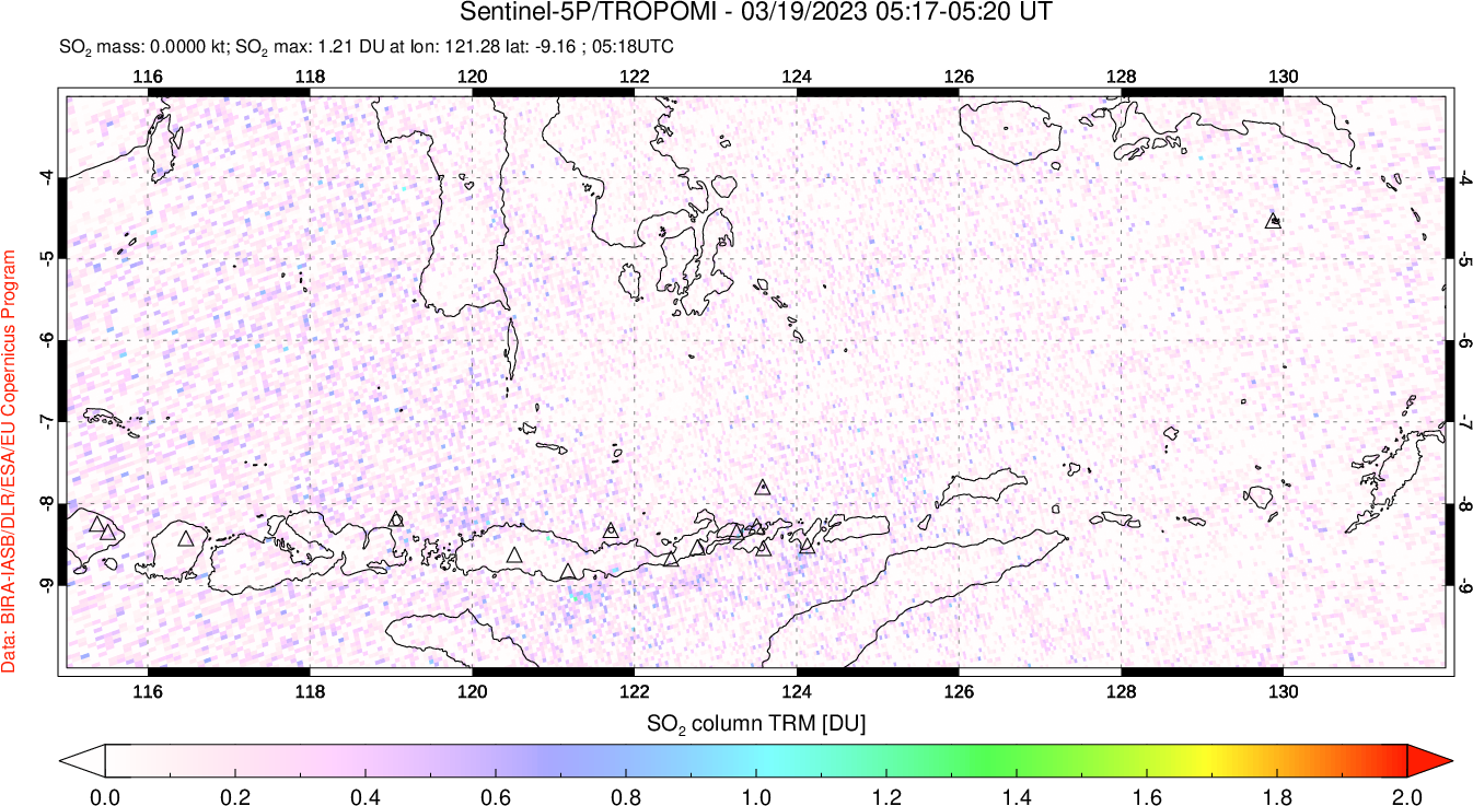 A sulfur dioxide image over Lesser Sunda Islands, Indonesia on Mar 19, 2023.