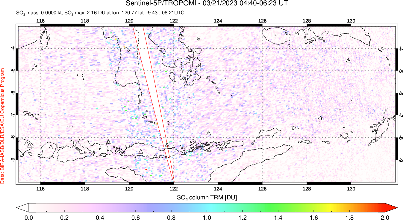 A sulfur dioxide image over Lesser Sunda Islands, Indonesia on Mar 21, 2023.