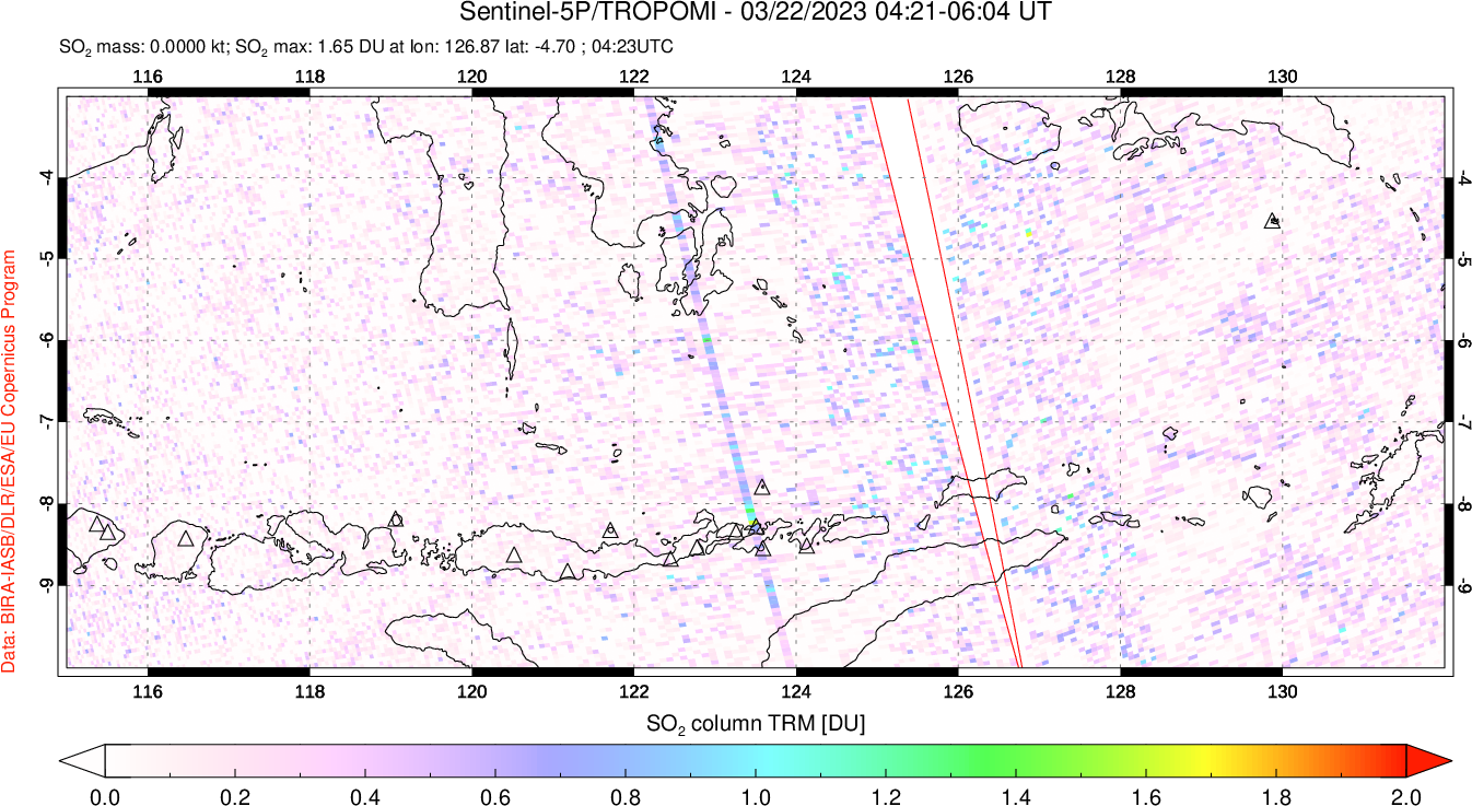 A sulfur dioxide image over Lesser Sunda Islands, Indonesia on Mar 22, 2023.
