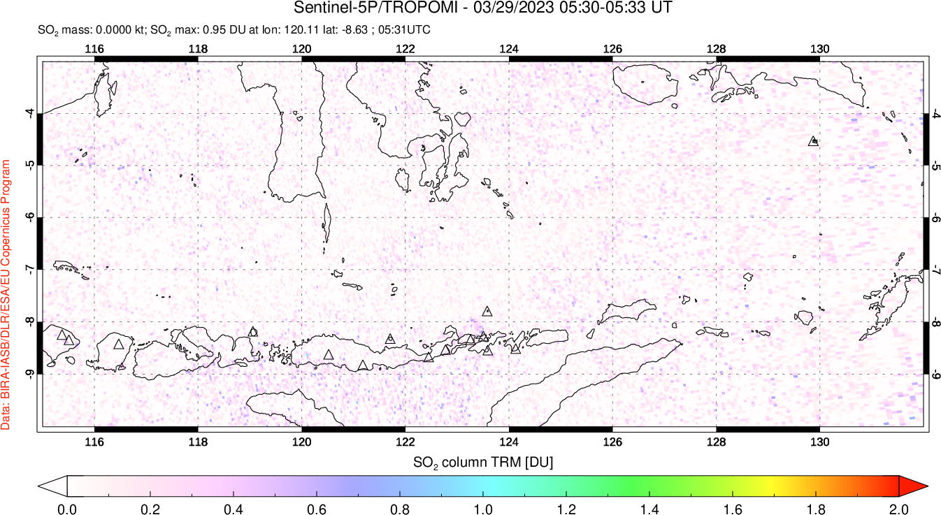 A sulfur dioxide image over Lesser Sunda Islands, Indonesia on Mar 29, 2023.
