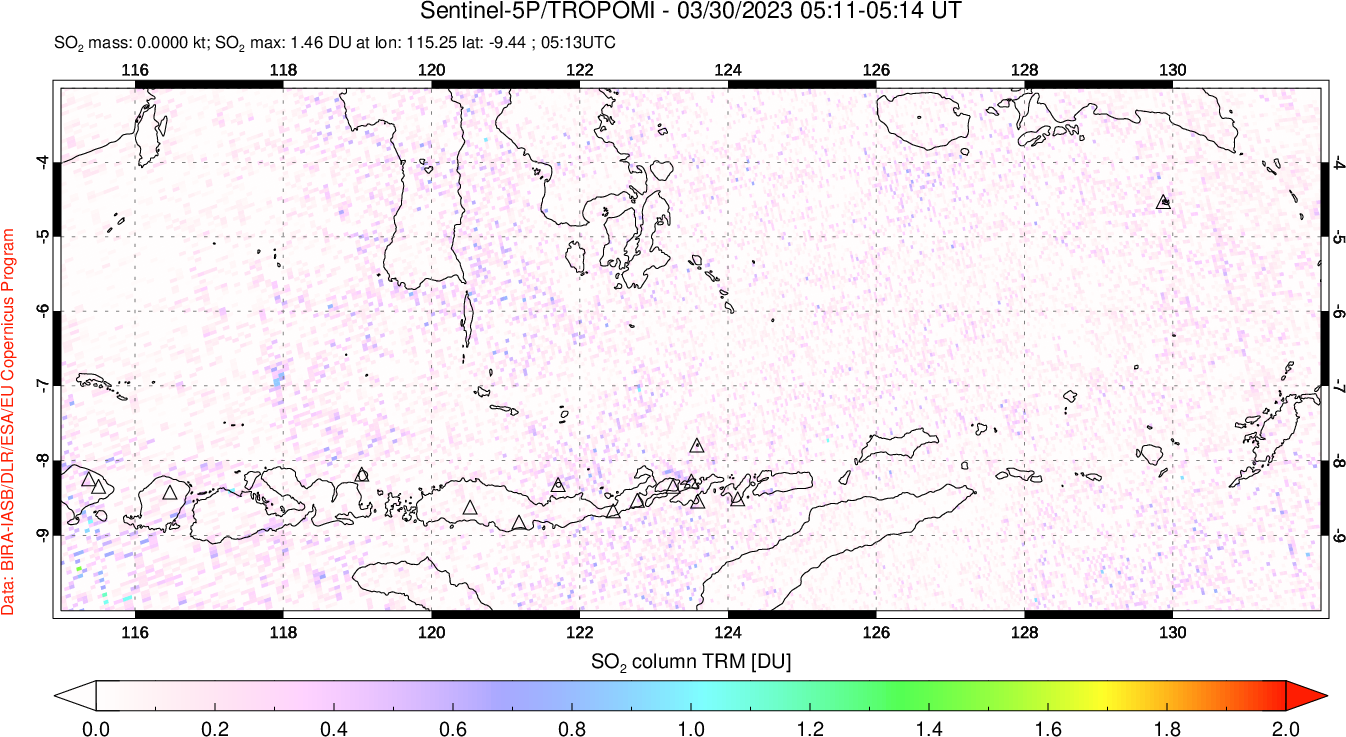 A sulfur dioxide image over Lesser Sunda Islands, Indonesia on Mar 30, 2023.