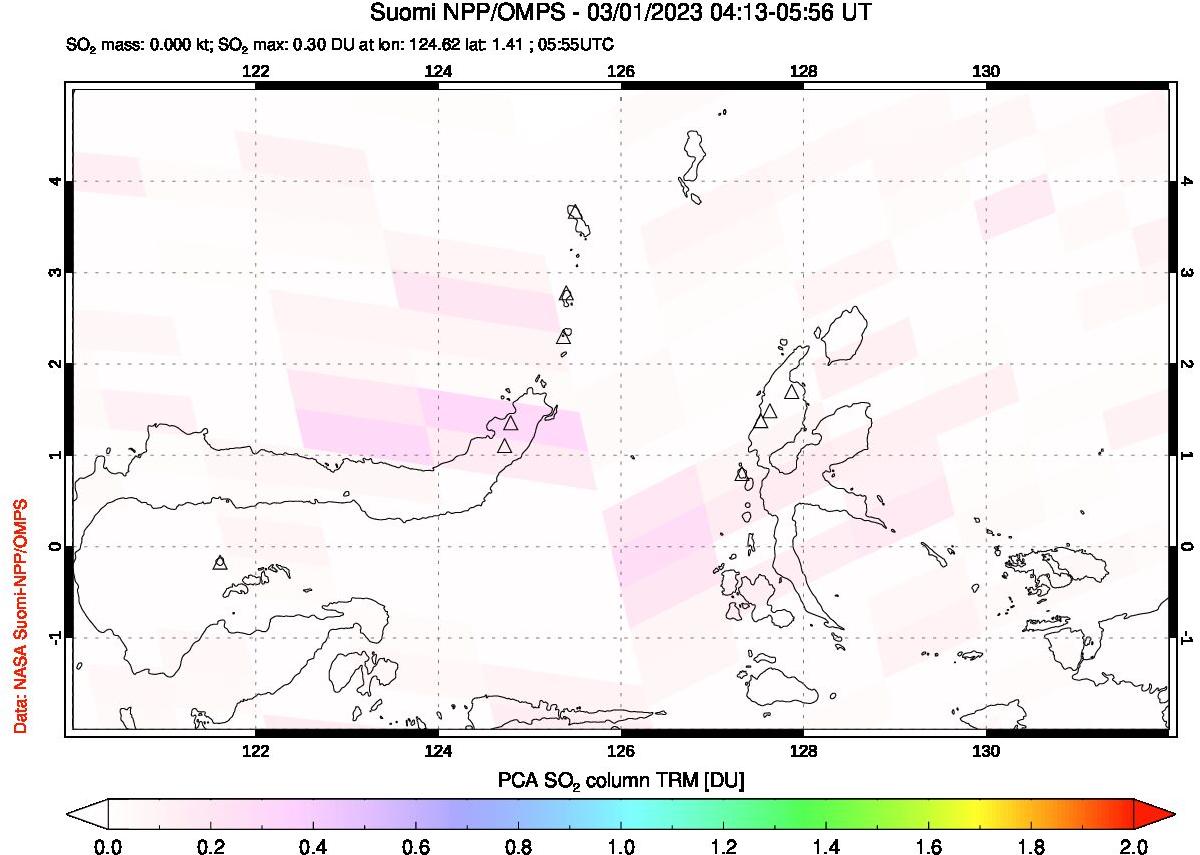 A sulfur dioxide image over Northern Sulawesi & Halmahera, Indonesia on Mar 01, 2023.