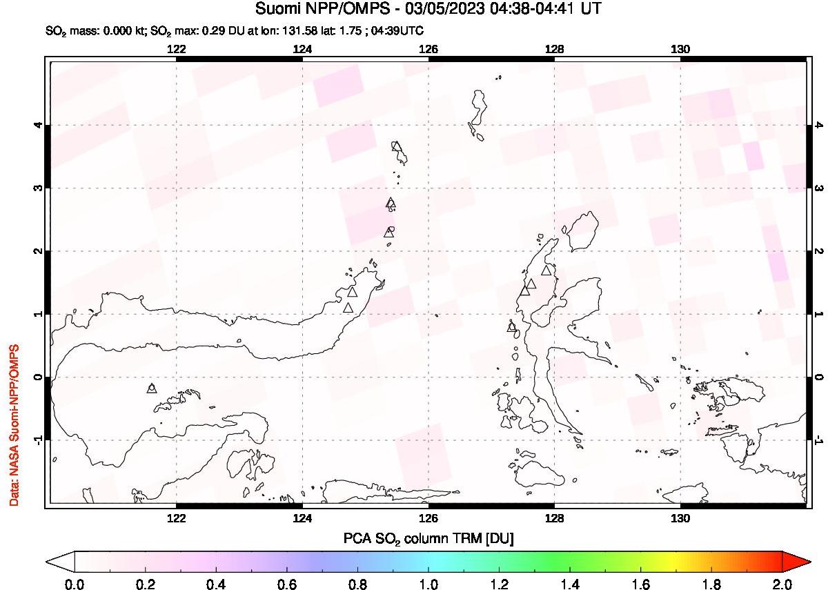A sulfur dioxide image over Northern Sulawesi & Halmahera, Indonesia on Mar 05, 2023.