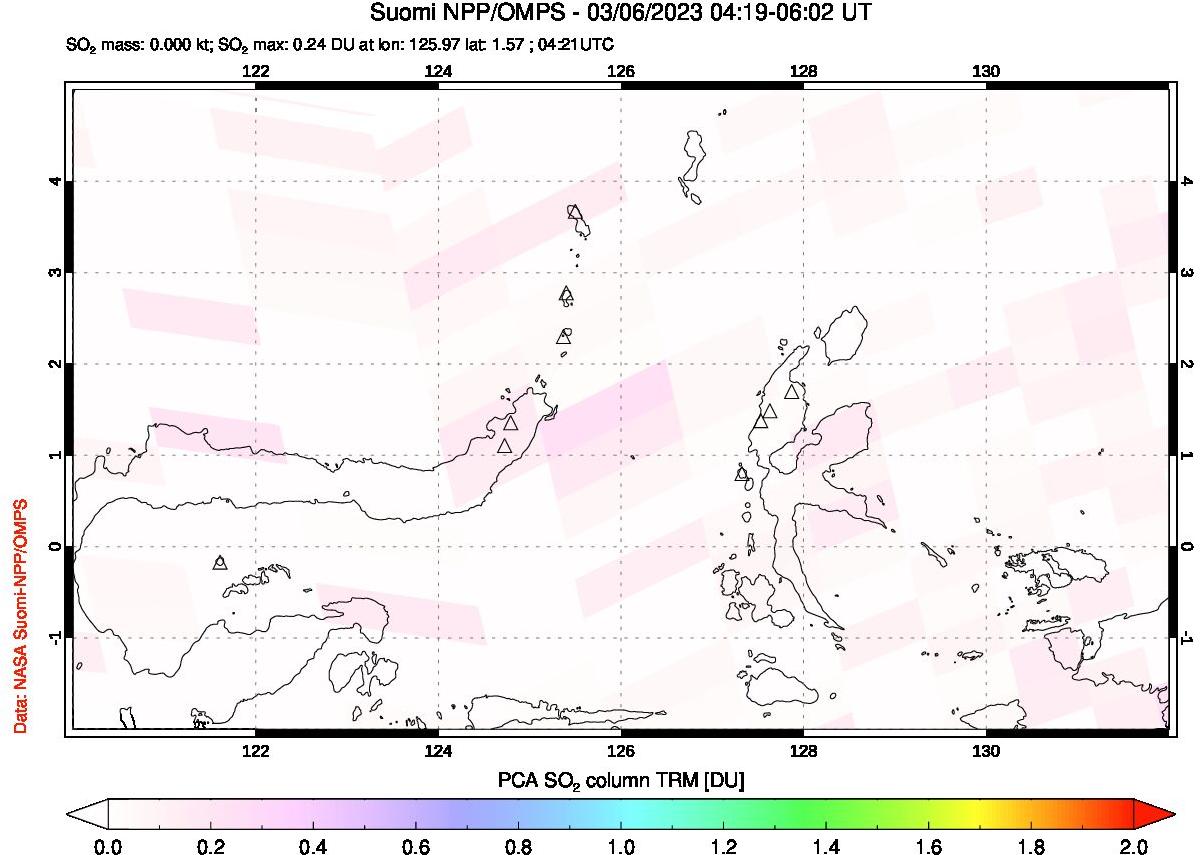 A sulfur dioxide image over Northern Sulawesi & Halmahera, Indonesia on Mar 06, 2023.