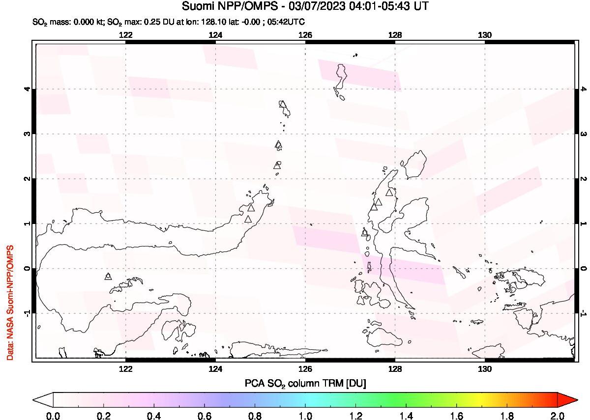 A sulfur dioxide image over Northern Sulawesi & Halmahera, Indonesia on Mar 07, 2023.