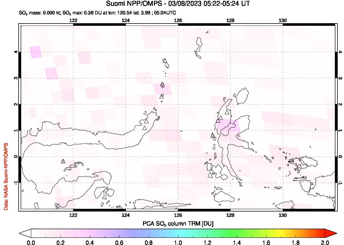 A sulfur dioxide image over Northern Sulawesi & Halmahera, Indonesia on Mar 08, 2023.