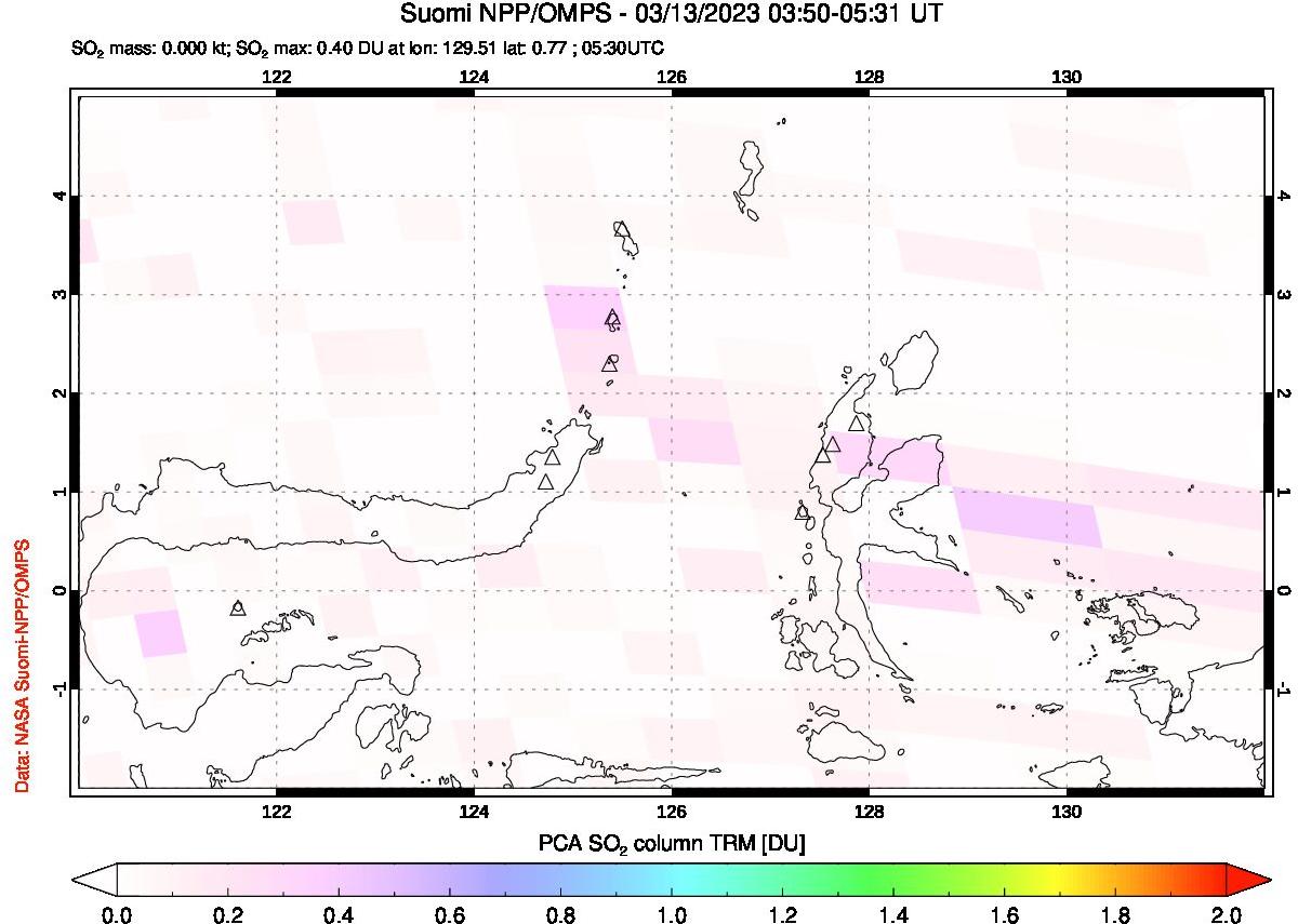 A sulfur dioxide image over Northern Sulawesi & Halmahera, Indonesia on Mar 13, 2023.