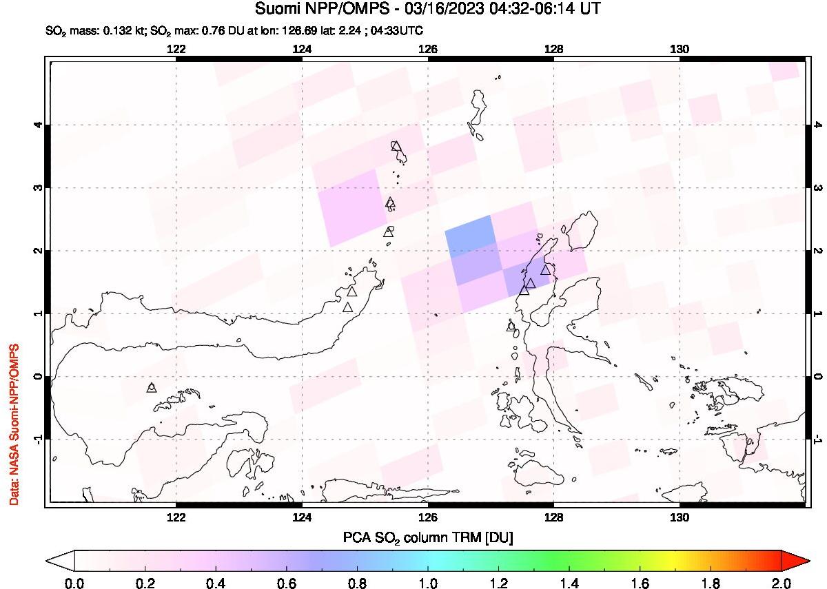 A sulfur dioxide image over Northern Sulawesi & Halmahera, Indonesia on Mar 16, 2023.