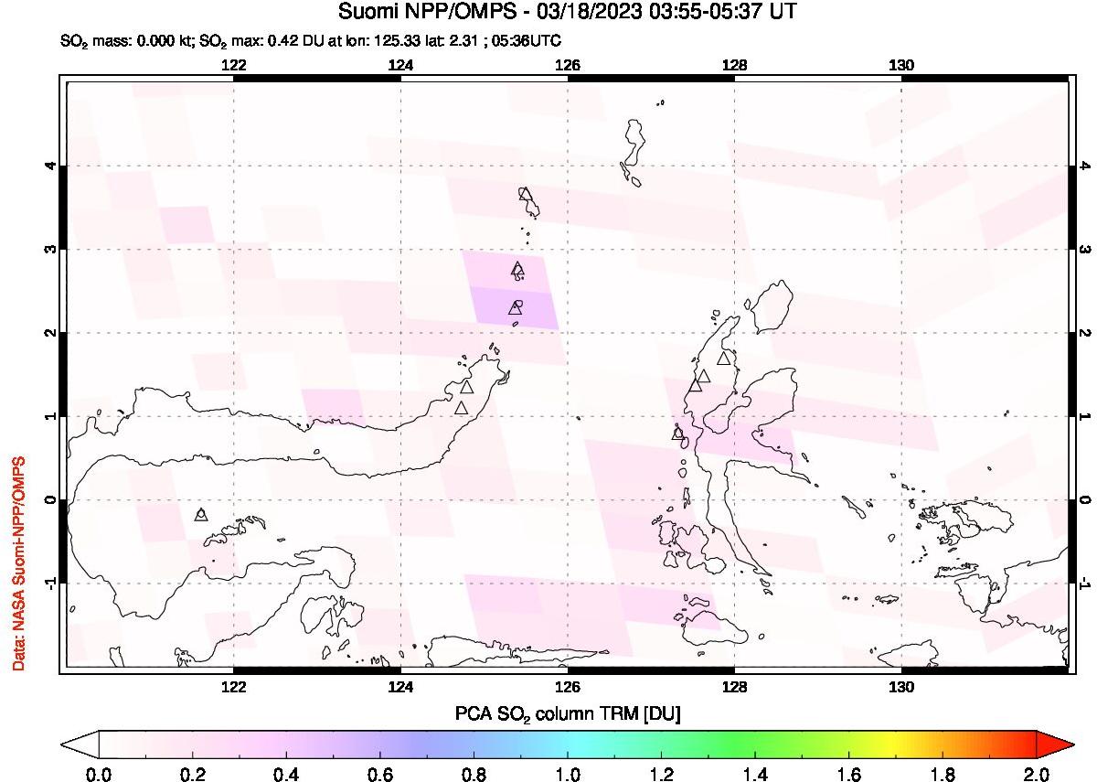 A sulfur dioxide image over Northern Sulawesi & Halmahera, Indonesia on Mar 18, 2023.