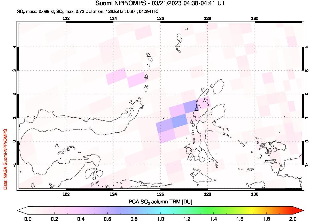 A sulfur dioxide image over Northern Sulawesi & Halmahera, Indonesia on Mar 21, 2023.