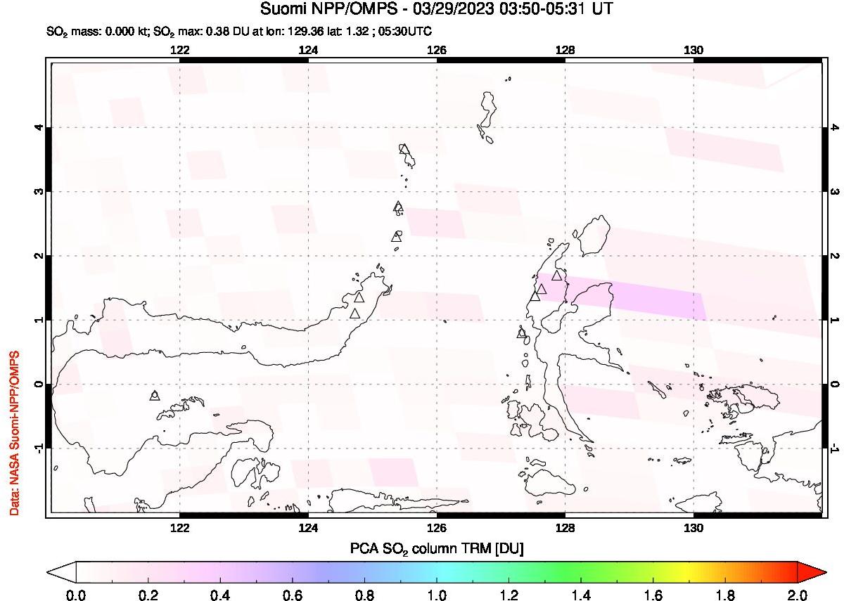 A sulfur dioxide image over Northern Sulawesi & Halmahera, Indonesia on Mar 29, 2023.