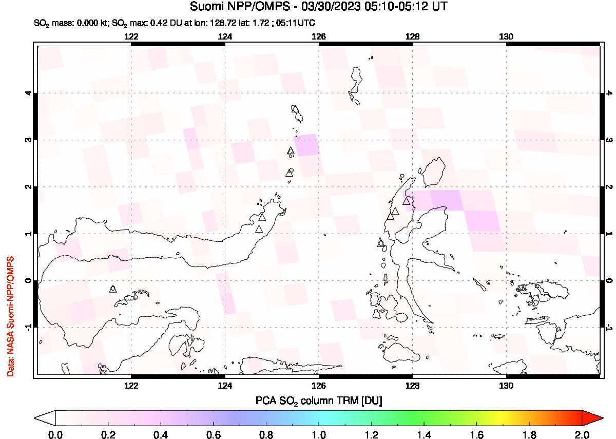 A sulfur dioxide image over Northern Sulawesi & Halmahera, Indonesia on Mar 30, 2023.