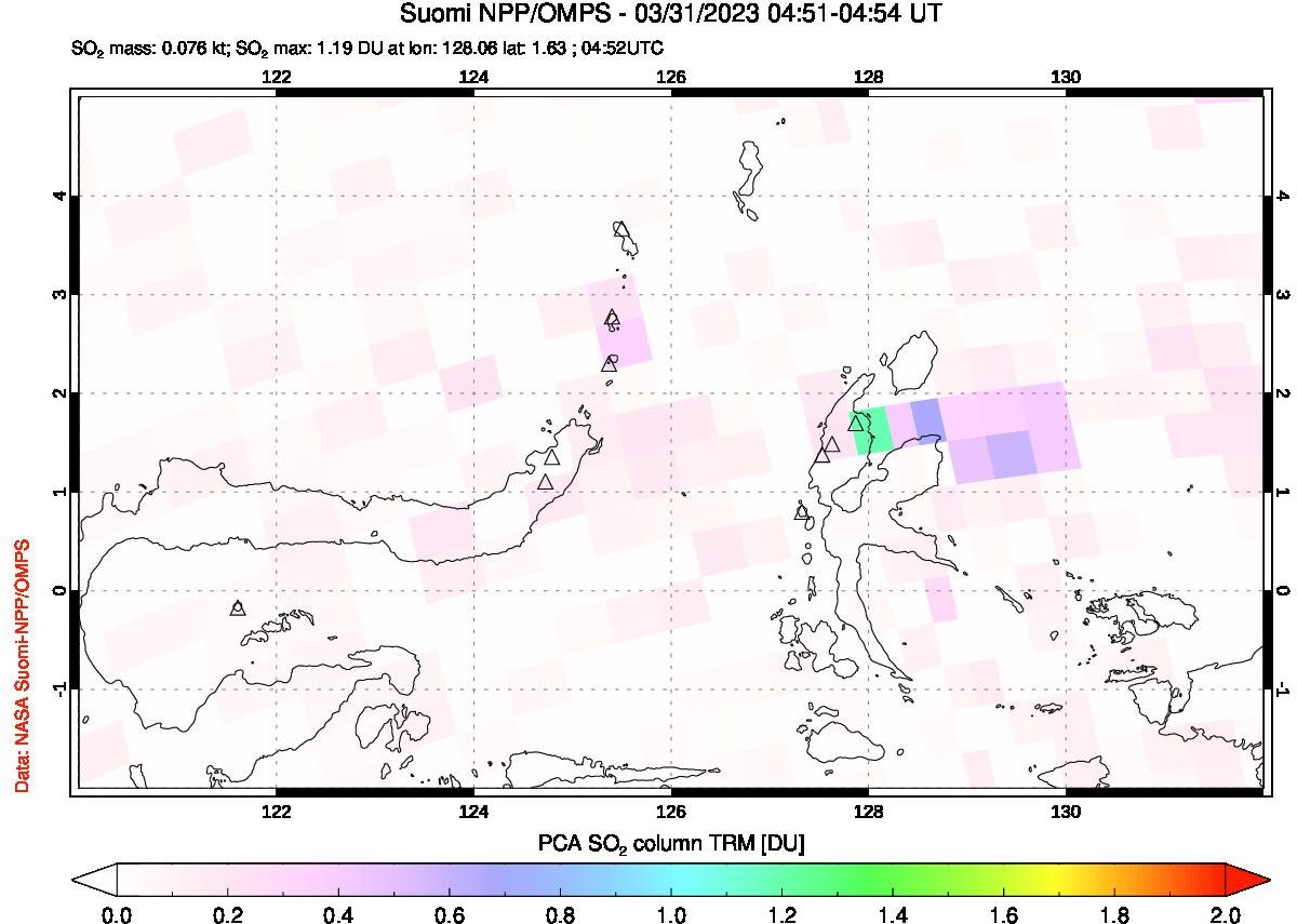 A sulfur dioxide image over Northern Sulawesi & Halmahera, Indonesia on Mar 31, 2023.