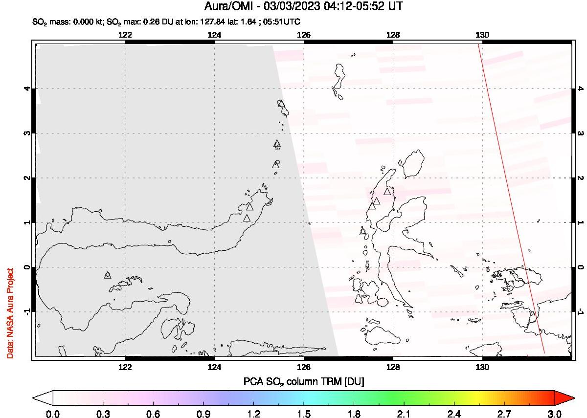 A sulfur dioxide image over Northern Sulawesi & Halmahera, Indonesia on Mar 03, 2023.