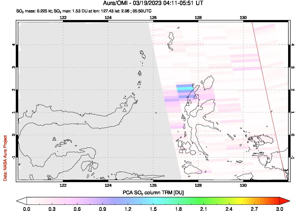 A sulfur dioxide image over Northern Sulawesi & Halmahera, Indonesia on Mar 19, 2023.
