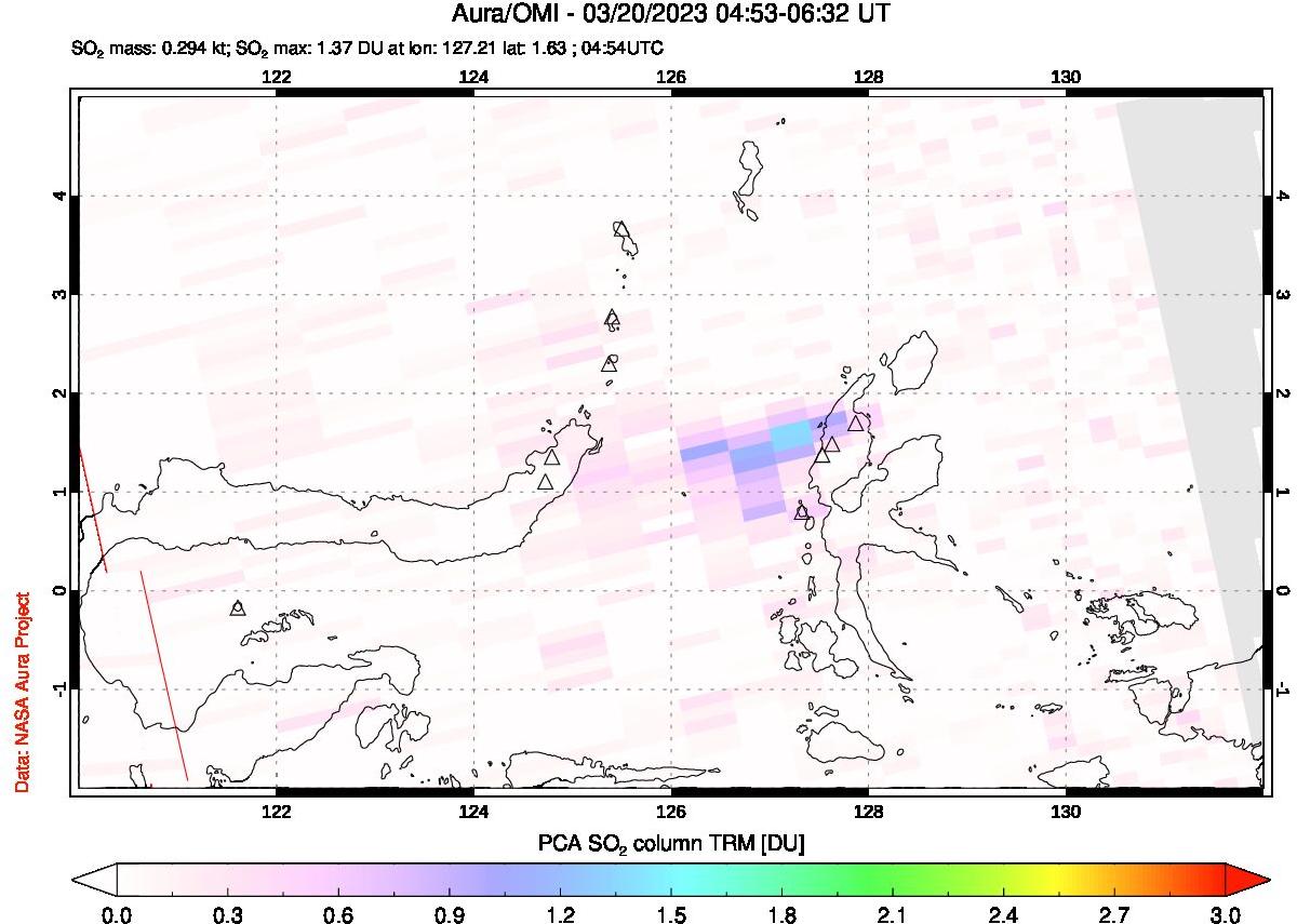 A sulfur dioxide image over Northern Sulawesi & Halmahera, Indonesia on Mar 20, 2023.