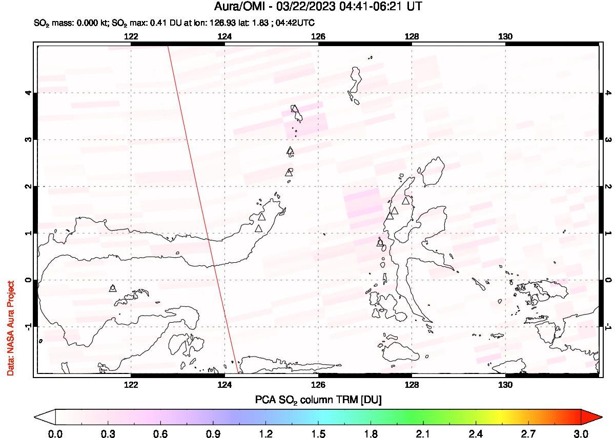 A sulfur dioxide image over Northern Sulawesi & Halmahera, Indonesia on Mar 22, 2023.