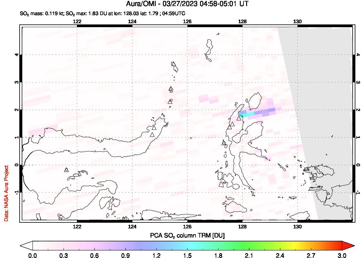 A sulfur dioxide image over Northern Sulawesi & Halmahera, Indonesia on Mar 27, 2023.