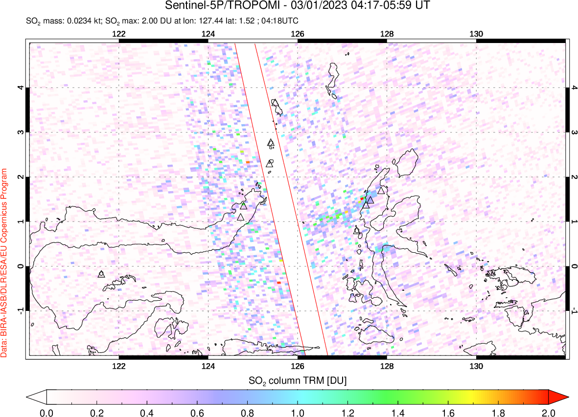A sulfur dioxide image over Northern Sulawesi & Halmahera, Indonesia on Mar 01, 2023.
