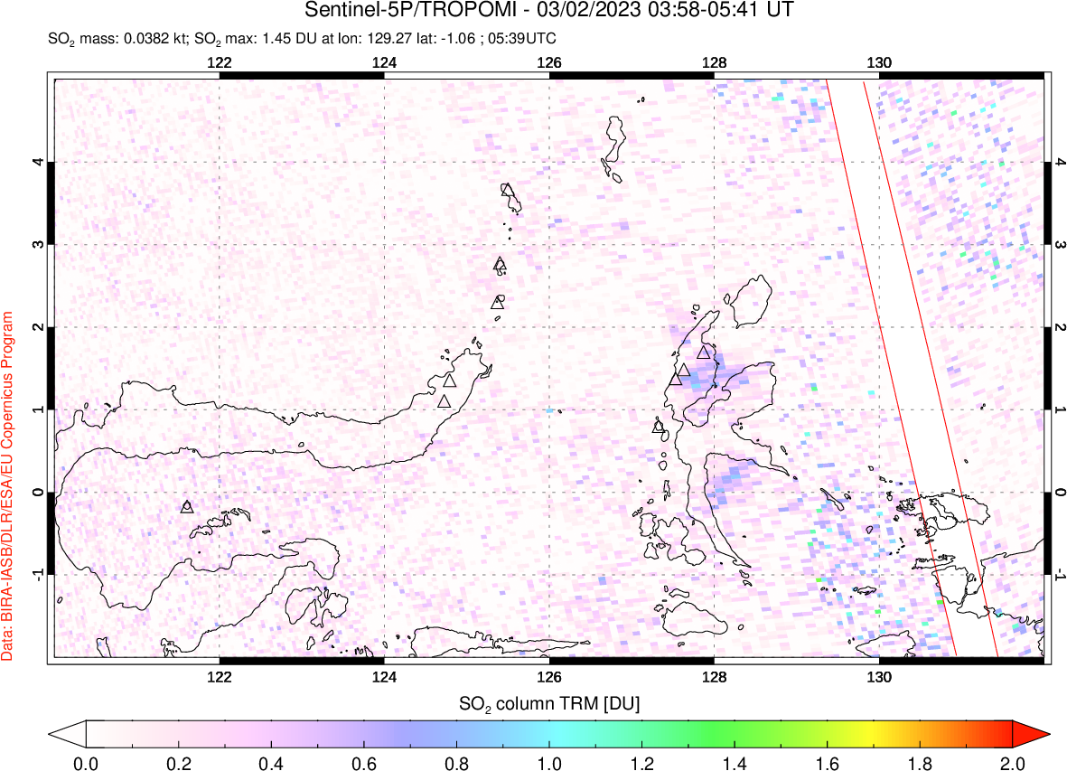 A sulfur dioxide image over Northern Sulawesi & Halmahera, Indonesia on Mar 02, 2023.