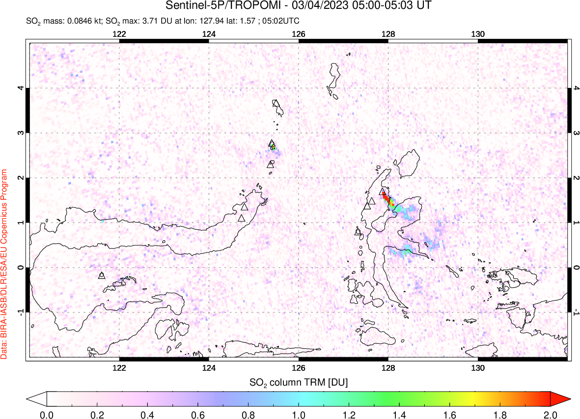 A sulfur dioxide image over Northern Sulawesi & Halmahera, Indonesia on Mar 04, 2023.