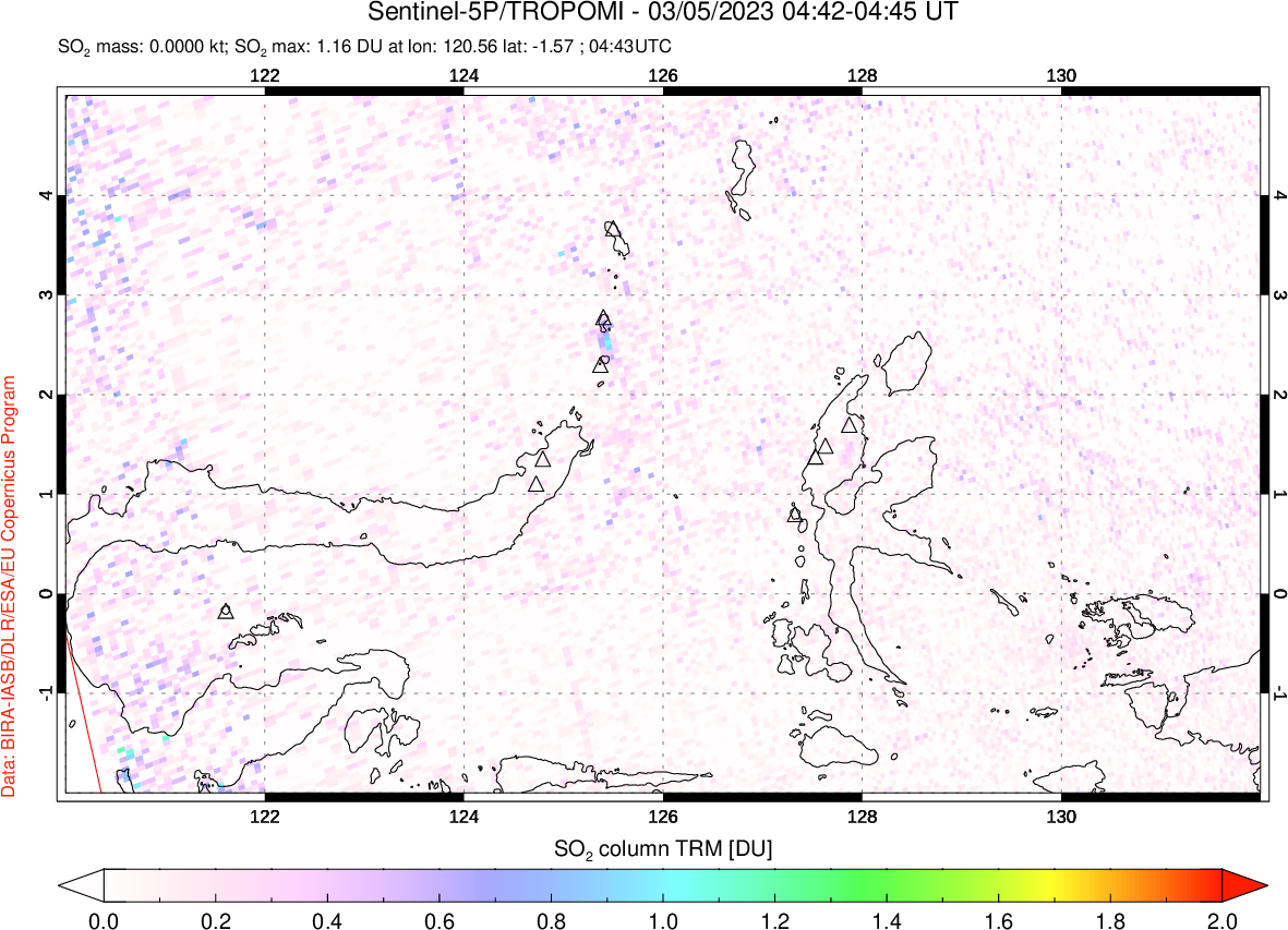 A sulfur dioxide image over Northern Sulawesi & Halmahera, Indonesia on Mar 05, 2023.