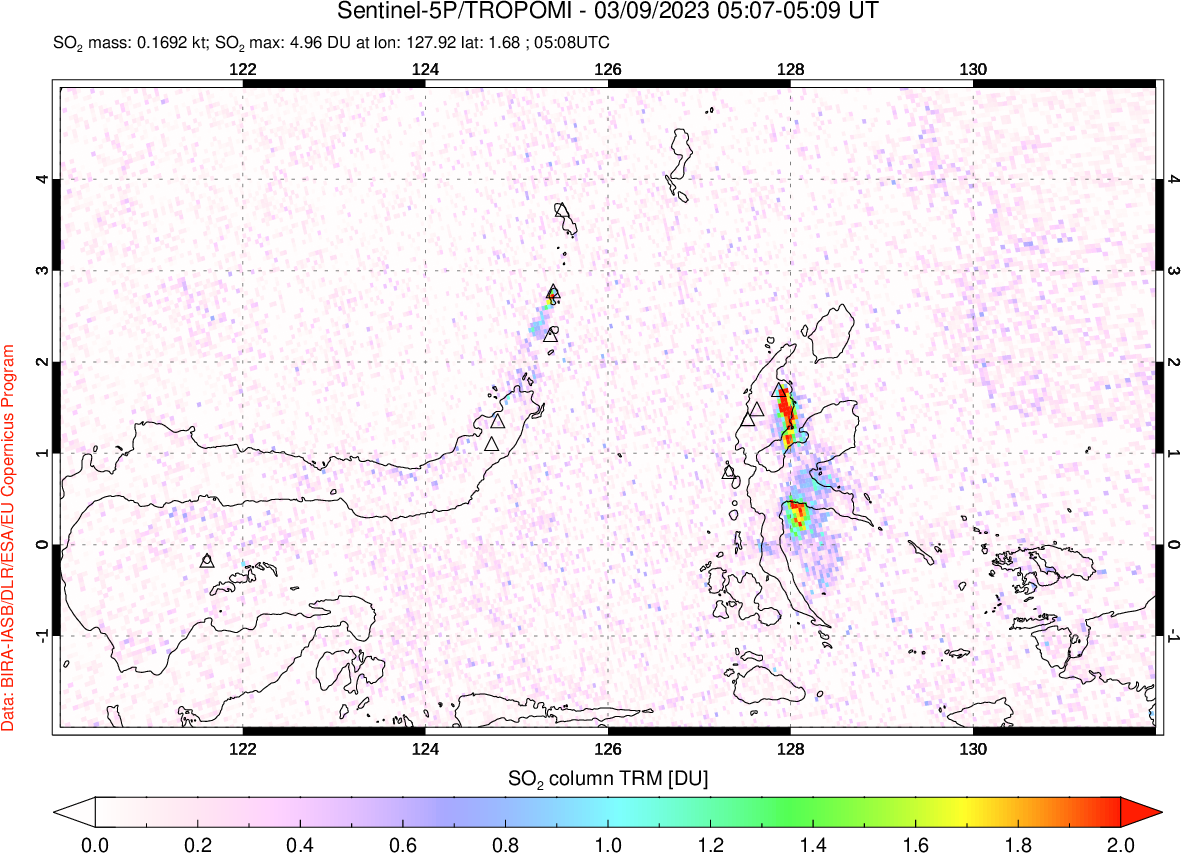A sulfur dioxide image over Northern Sulawesi & Halmahera, Indonesia on Mar 09, 2023.