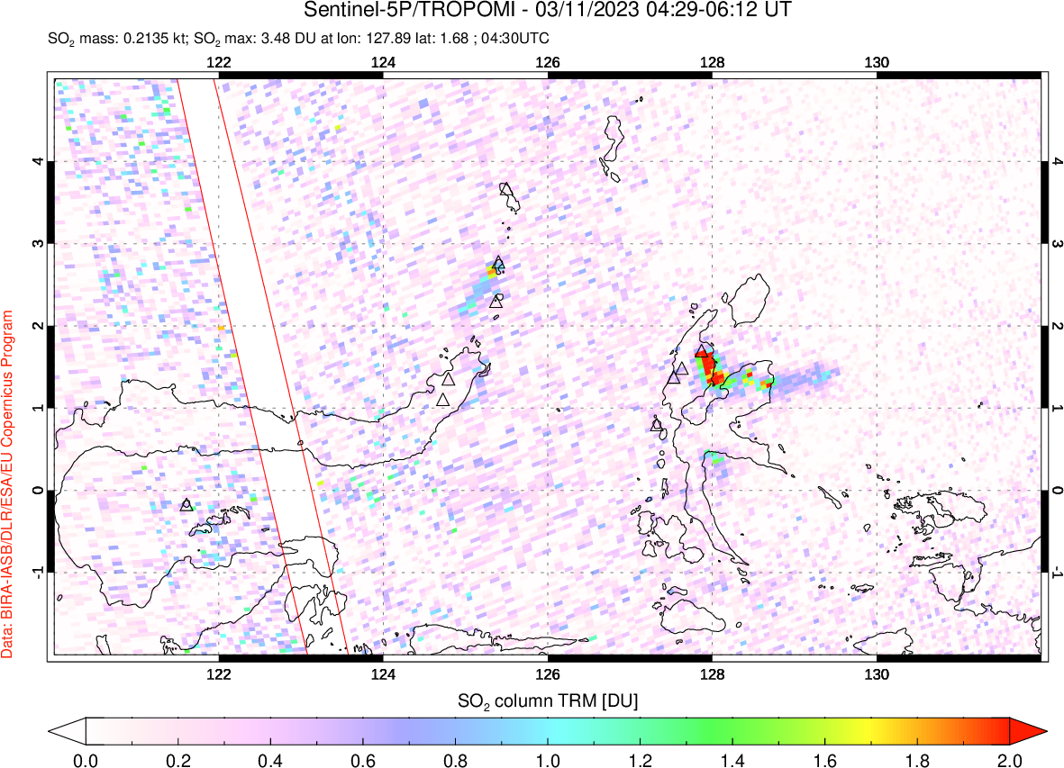 A sulfur dioxide image over Northern Sulawesi & Halmahera, Indonesia on Mar 11, 2023.