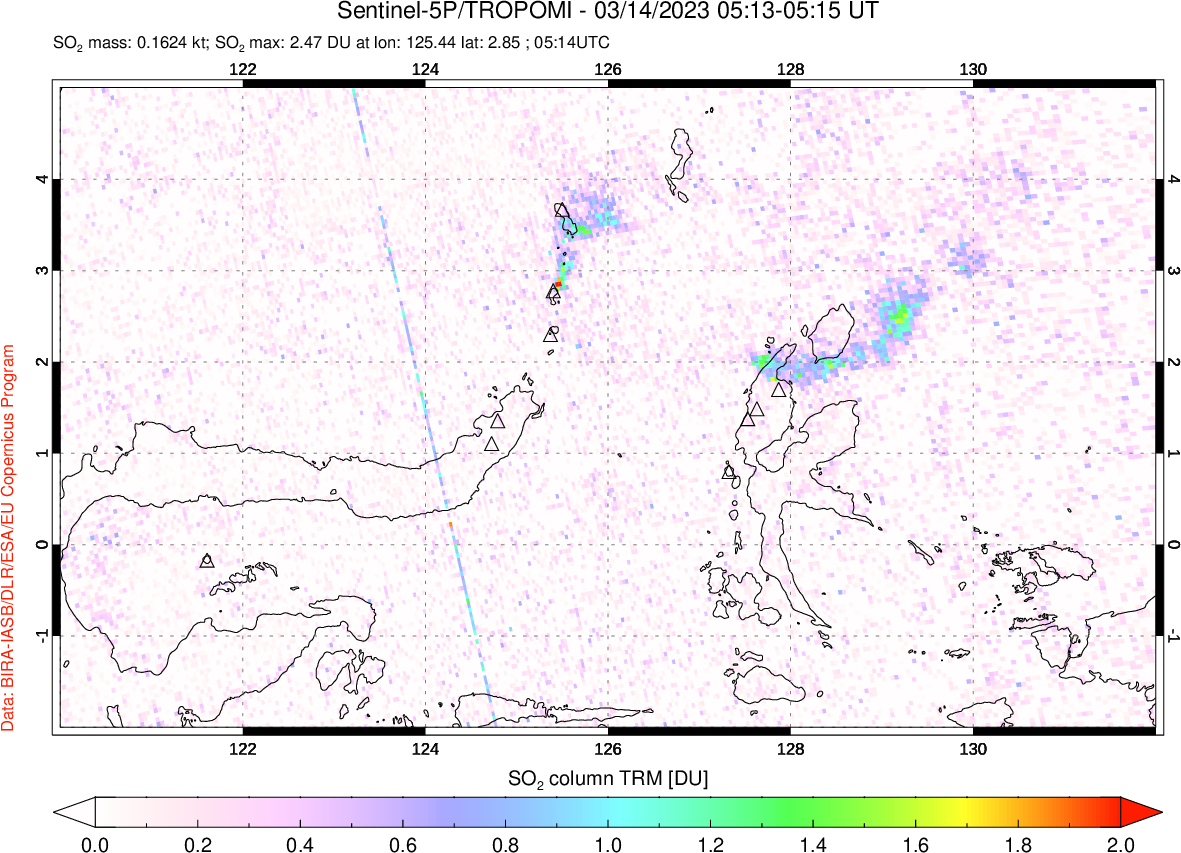 A sulfur dioxide image over Northern Sulawesi & Halmahera, Indonesia on Mar 14, 2023.
